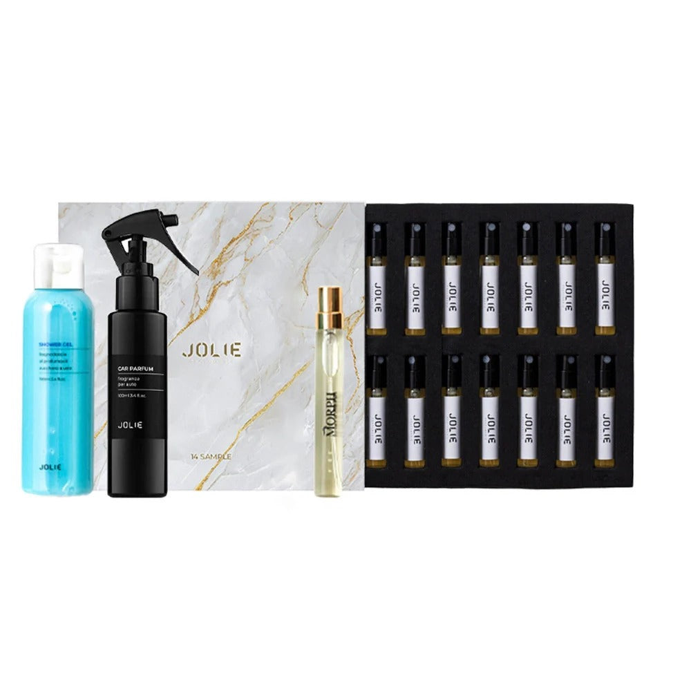 Set bestehend aus 14 Proben à 2 ml + 1 Jolie Duschgel 100 ml + 1 Jolie Autoparfümspray 100 ml + 1 Reiseparfümspray 8 ml